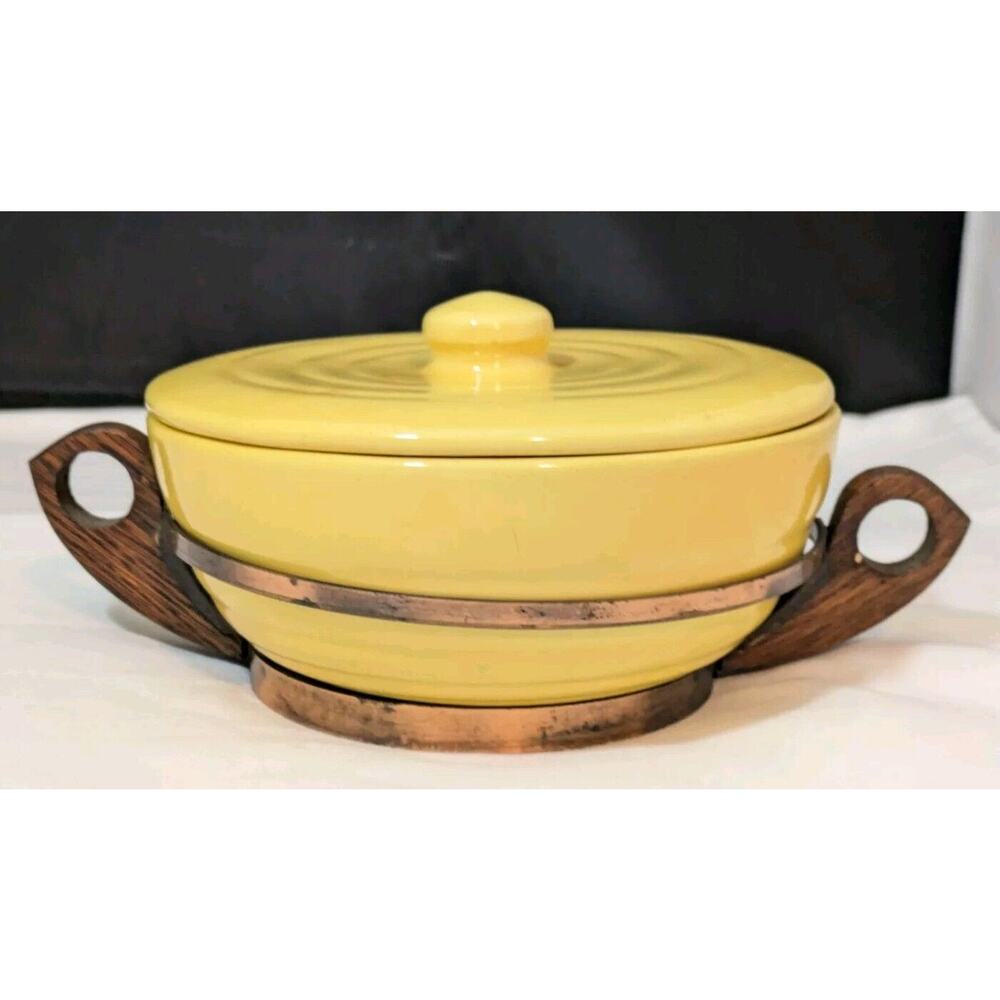 Vintage Bauer Pottery Butter Yellow 6 7/8" Casserole Copper Holder & Lid EUC SW